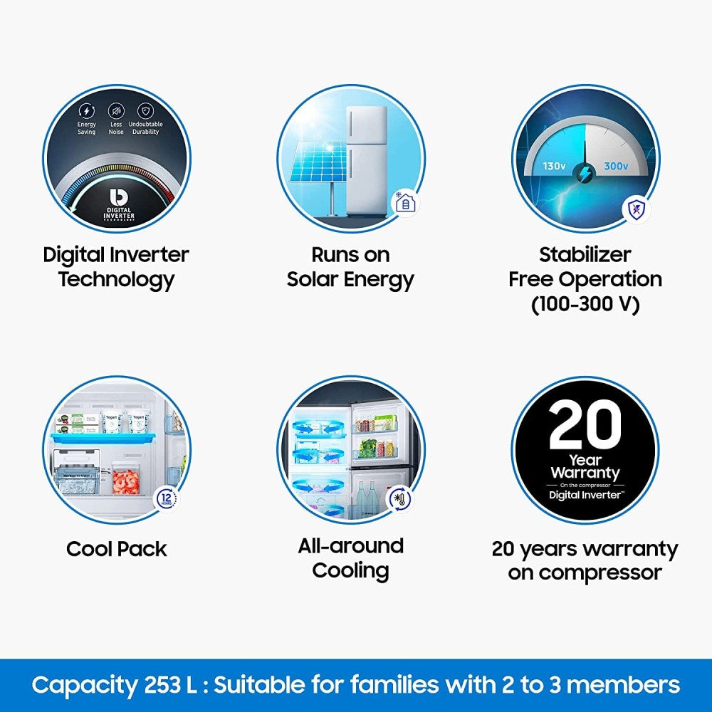 सैमसंग 253 एल फ्रॉस्ट फ्री डबल डोर 3 स्टार रेफ्रिजरेटर - एलिगेंट आईनॉक्स, RT28A3453S8/HL