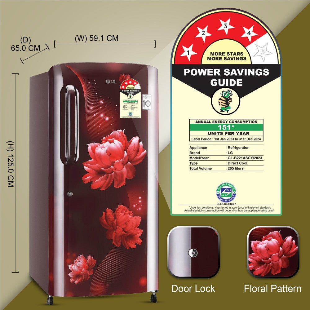 LG 205 L Direct Cool Single Door 4 Star Refrigerator - Scarlet Charm, GL-B221ASCY