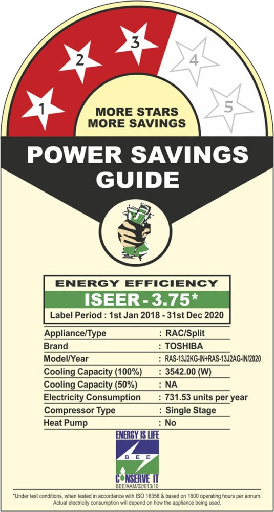TOSHIBA 1 Ton 3 Star Split AC  - White - RAS-13J2KG-IN / RAS-13J2AG-IN, Copper Condenser