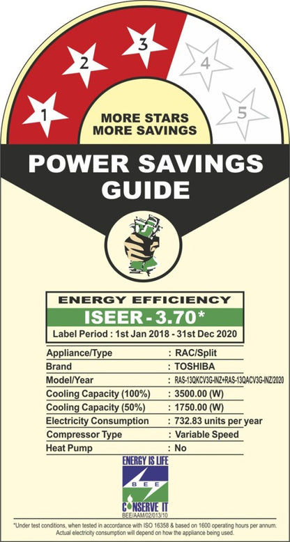 TOSHIBA 1 Ton 3 Star Split Inverter AC  - White - RAS-13QKCV3G-INZ / RAS-13QACV3G-INZ, Copper Condenser