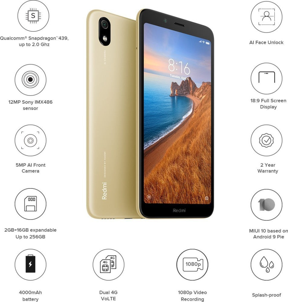 Redmi 7A (Matte Gold, 16 GB) - 2 GB RAM