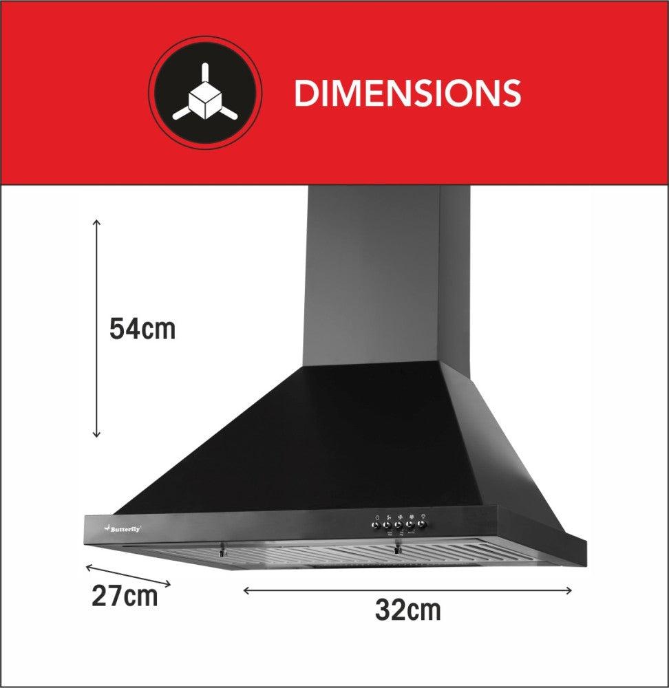 बटरफ्लाई राइनो प्लस ऑटो क्लीन वॉल माउंटेड चिमनी - ब्लैक 700 सीएमएच