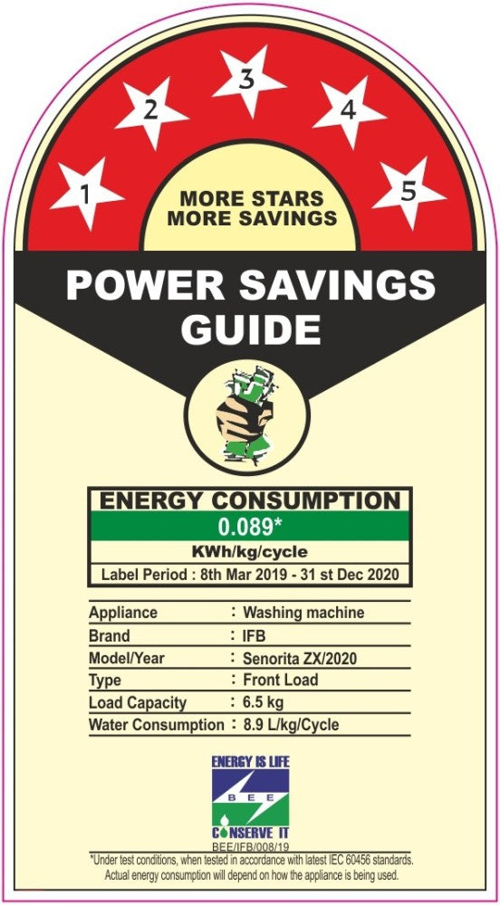 IFB 6.5 किग्रा 5 स्टार वाई-फाई और वॉयस इनेबल्ड, आईएमडी पैनल के साथ डुअल-टोन, एंटी-एलर्जन, इन-बिल्ट हीटर इन-बिल्ट हीटर व्हाइट के साथ फुली ऑटोमैटिक फ्रंट लोड वाशिंग मशीन - सेनोरिटा जेडएक्स
