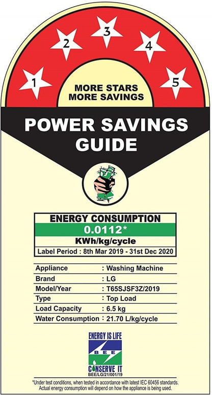 LG 6.5 kg 5 स्टार रेटिंग जेट स्प्रे फुली ऑटोमैटिक टॉप लोड वॉशिंग मशीन सिल्वर - T65SJSF3Z