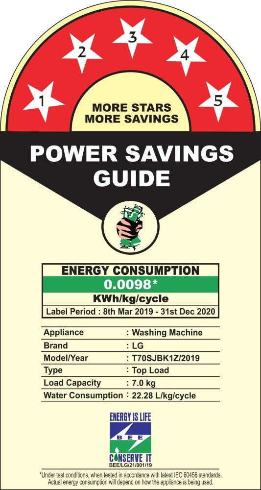 एलजी 7 किलो 5 स्टार रेटिंग जेट स्प्रे फुली ऑटोमैटिक टॉप लोड वॉशिंग मशीन ब्लैक - T70SJBK1Z