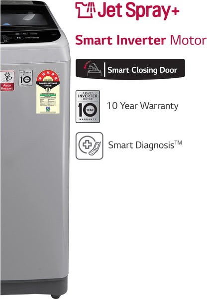 LG 9 kg with Jet Sprey, Auto Pre Wash, Smart Diagnosis, Smart Closing Door and 10 Water Levels Fully Automatic Top Load Washing Machine Silver - T90SJSF1Z