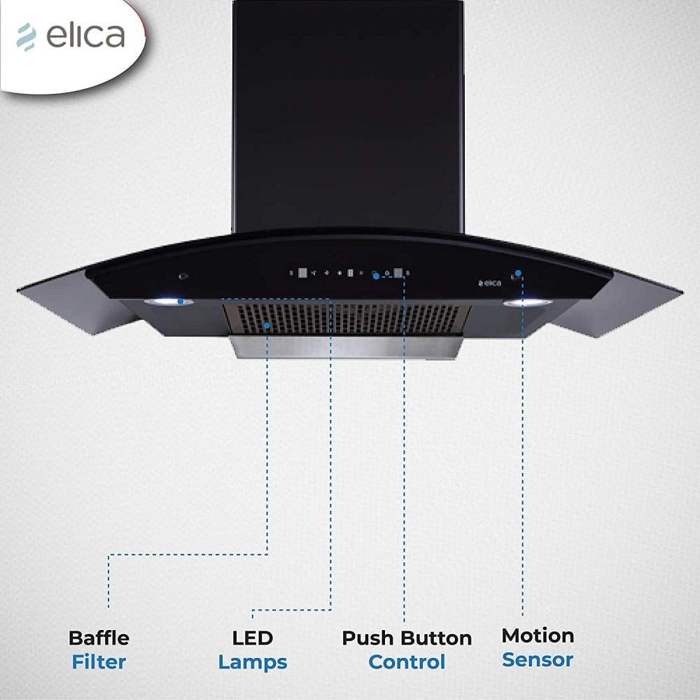 Elica TBFL HAC TOUCH 90 MS NERO Auto Clean Wall Mounted Chimney - Black 1200 CMH