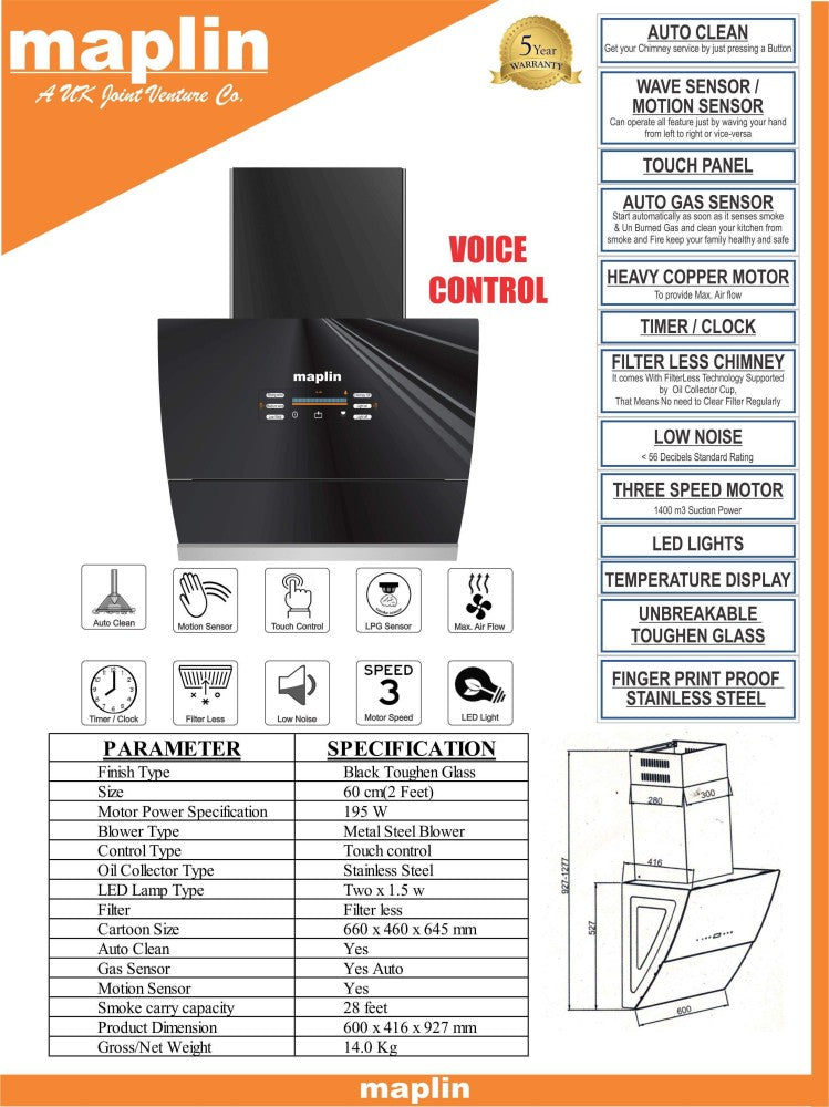 Maplin वॉयस कंट्रोल्ड VC-60 ऑटो क्लीन वॉल माउंटिंग चिमनी - काला 1400 CMH