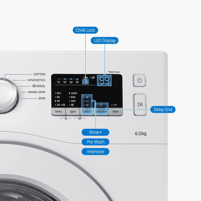 SAMSUNG 6 kg Inverter Fully Automatic Front Load Washing Machine with In-built Heater White - WW60M206LMW/TL