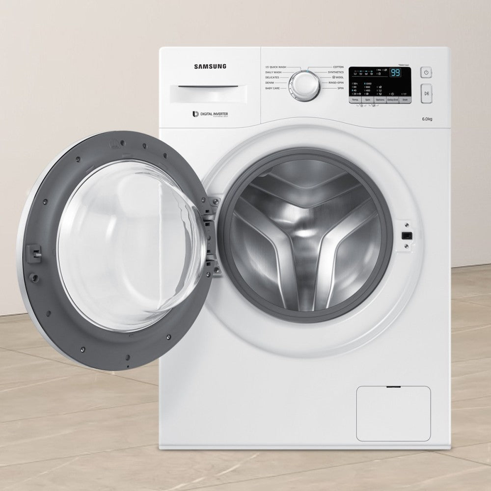 SAMSUNG 6 kg Inverter Fully Automatic Front Load Washing Machine with In-built Heater White - WW60M206LMW/TL