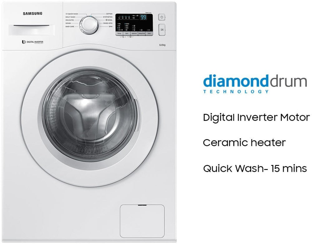 SAMSUNG 6 kg Inverter Fully Automatic Front Load Washing Machine with In-built Heater White - WW60M206LMW/TL