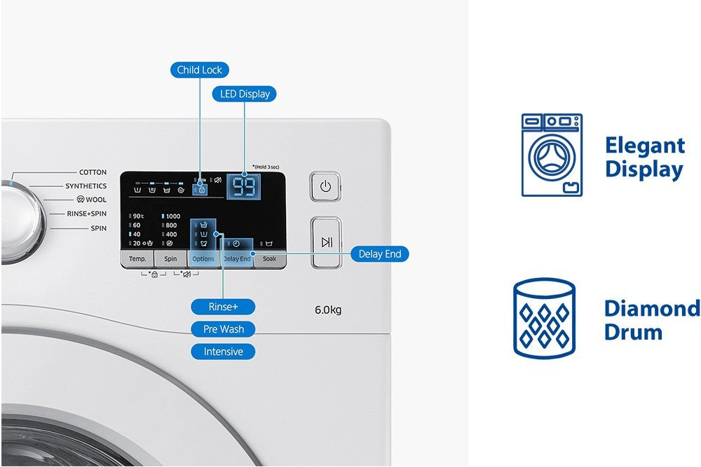 SAMSUNG 6 kg Inverter Fully Automatic Front Load Washing Machine with In-built Heater White - WW60M206LMW/TL